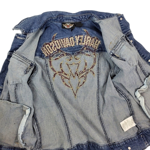 HARLEY DAVIDSON Jean Jacket Embroidered Logo Spell Out Studded - Picture 7 of 10